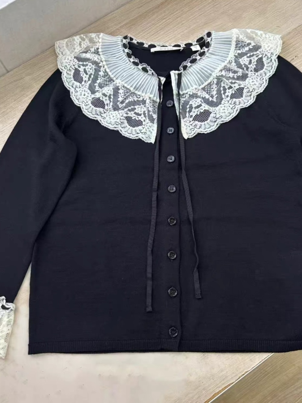 Doen Emilienne Cardigan Black Button Cardigan with Ivory Lace Collar, S - Picture 6 of 9
